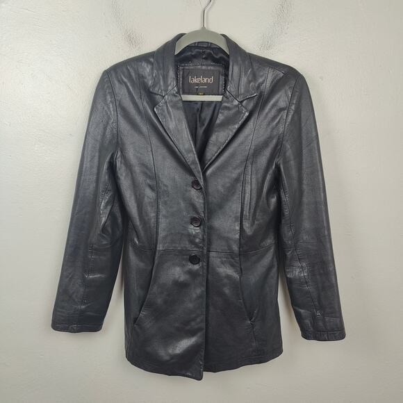 Vintage‎ Lakeland Leather Jacket Womens 8 Black Button Up 90s Classic Minimalist - Picture 1 of 11